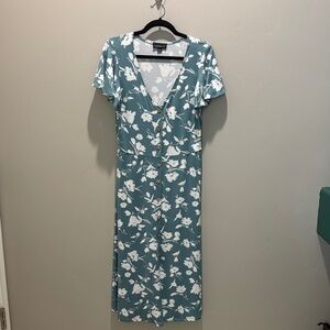 Short-Sleeve Floral Button-Front Midi Dress - Teal/White